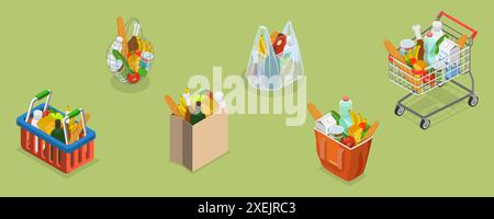Illustrazione concettuale piatta isometrica 3D di borse della spesa, diversi set di generi alimentari illustrazione concettuale piatta isometrica 3D o. Foto Stock