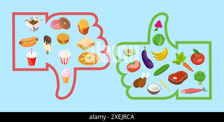 Illustrazione concettuale isometrica piatta 3D di cibi sane vs. Cibo spazzatura, Fastfood e confronto menu bilanciato 3D Isometric Flat con Foto Stock