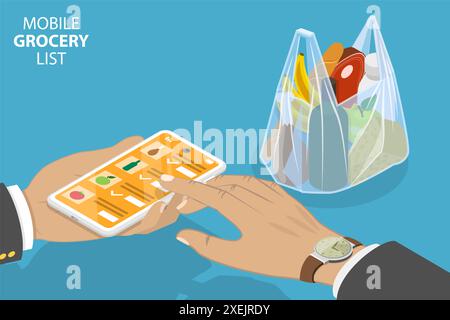 Illustrazione concettuale piatta isometrica 3D di Mobile Grocery List, acquisto di alimenti online illustrazione concettuale piatta isometrica 3D Foto Stock