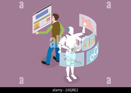 Illustrazione concettuale piatta isometrica 3D di Robotic Process Automation, Human vs robot 3D Isometric Flat Conceptual Illustrat Foto Stock
