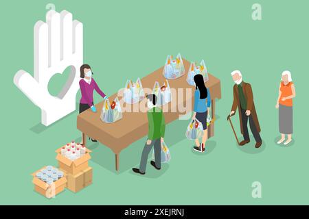 Illustrazione concettuale piatta isometrica 3D di donazione di cibo, beneficenza e volontariato illustrazione concettuale piatta isometrica 3D Foto Stock