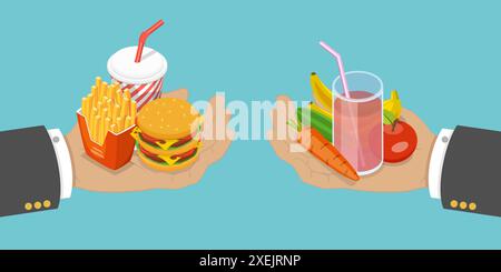 3D Isometric Flat Conceptual Illustration of Fastfood vs Balanced Menu, Healthy and Unhealthy Food 3D Isometric Flat Conceptua Foto Stock