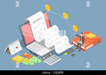 Illustrazione concettuale piatta isometrica 3D della fattura online, controllo di pagamento digitale illustrazione concettuale piatta isometrica 3D o. Foto Stock