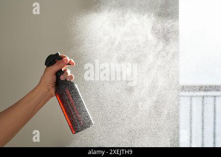 La mano di una donna spruzza un deodorante per ambienti in una stanza. Foto Stock