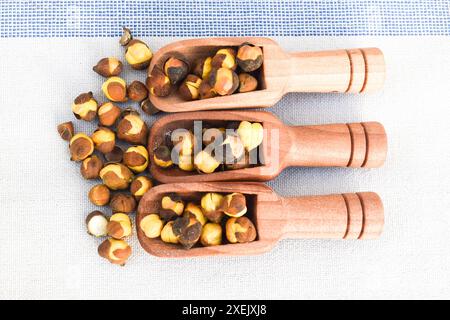 Primo piano di ceci neri organici (Cicer arietinum) o Kala Chana su un cucchiaio di zuppa di ceramica bianca. Vista dall'alto, su uno sfondo graduato di itsel Foto Stock