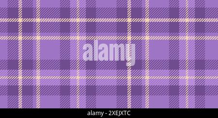 Motivo tartan senza cuciture in viola e lavanda con dettagli in giallo chiaro. Il design a scacchi prevede la sovrapposizione di linee e quadrati, creando un aspetto tessile classico ed elegante Illustrazione Vettoriale