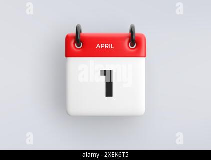 Icona del calendario 3D con data 1° aprile su sfondo grigio. Simbolo di pianificazione vettoriale. Illustrazione Vettoriale