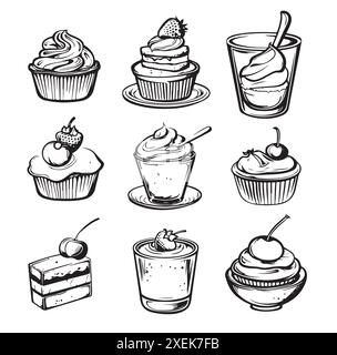 Set di dessert. Illustrazione vettoriale. Cibo in stile vintage. Illustrazione Vettoriale