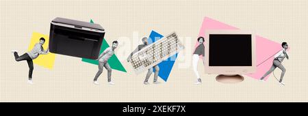 Grafica di tendenza composita immagine di schizzo 3D collage fotografico dello spazio di lavoro risorse umane uomo dama amici coworking tastiera stampante computer Foto Stock