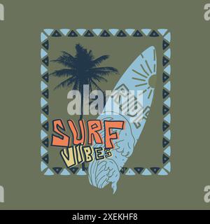 Surf Vibes Summer Beach design di poster grafico per tavole da surf retrò Illustrazione Vettoriale