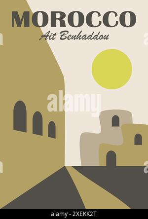 Poster della città del Marocco. Edificio di architettura orientale in via ait benhaddou. Case tradizionali. Illustrazione Vettoriale