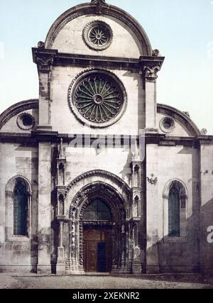 Sedenica. Facciata del Duomo, Kathedrale des Heiligen Jakob ist das bedeutendste Bauwerk von Sibenik in der kroatischen Gespanschaft Sibenik-Knin in Dalmatien, Kroatien, um 1890, Historisch, digital restaurierte Reproduktion von einer Vorlage aus dem 19. Jahrhundert Foto Stock