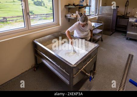 Bettina Huber mescola colture di acido lattico nel latte scremato per la produzione di formaggio acido, una specialità regionale della Grossarl Valley. Le colture di acido lattico vengono aggiunte al latte scremato. Due giorni dopo, la massa di formaggio acido cagliato viene separata dal siero di latte. Promegg, Salisburgo, Austria Foto Stock