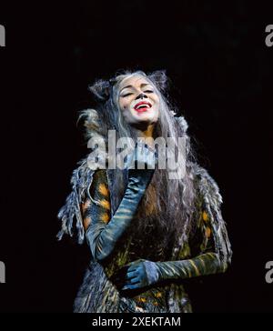 Nicole Scherzinger (Grizabella) in GATTI al London Palladium, Londra W1 11/12/2014 basato su "Old Possum's Book of Practical Cats" di T. S. Eliot compositore: Andrew Lloyd Webber design: John Napier direttore associato e coreografo: Gillian Lynne regista Trevor Nunn Foto Stock