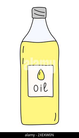 Olio da cucina vegetale giallo in flacone trasparente, illustrazione vettoriale stile doodle Illustrazione Vettoriale