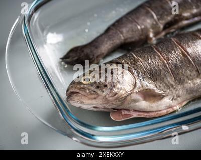 Due salmoni interi freschi con tagli laterali in una teglia da forno in vetro, preparazione del cibo, pesce arrosto, cibo per la prestata Foto Stock