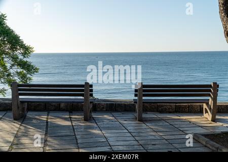 Banch in legno con vista incredibile sul mare. Foto Stock