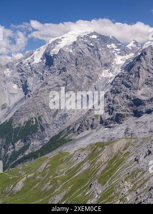 Alcuni tornanti in prossimità della parte superiore della rampa orientale del Passo dello Stelvio (Southy Alto Adige, Italia) in una giornata di sole in estate Foto Stock