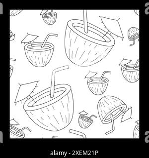 Cocktail di cocco con ombrello e paglia. Motivo lineare estivo senza cuciture. Rilassatevi sulla spiaggia e al bar. Illustrazione vettoriale disegnata a mano. backgroun Illustrazione Vettoriale