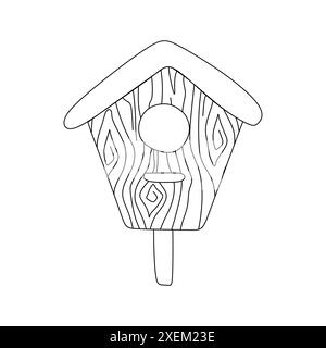 Casa degli uccelli in tavole di legno su sfondo bianco. Semplice disegno a mano. Illustrazione isolata del profilo vettoriale. Icona lineare per colorare bo Illustrazione Vettoriale