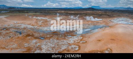 Area geotermale nella valle Haukadular, Islanda, con sorgenti calde fumanti e corsi d'acqua calda Foto Stock