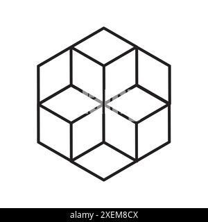 Design geometrico a cubo. Vettore contorno nero. Linea artistica minimalista. Forma 3D astratta. Illustrazione Vettoriale