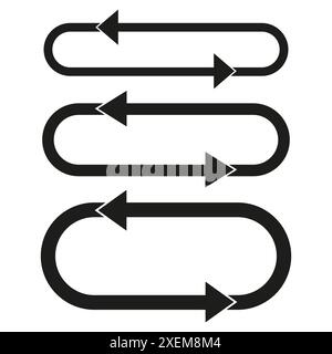 Icone frecce curve. Simboli del loop direzionale. Vettore bianco e nero. Navigazione e flusso. Illustrazione Vettoriale