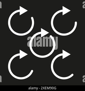 Icone con freccia circolare. Frecce bianche sul nero. Rotazione e aggiornamento dei simboli. Pattern vettoriale senza giunture. Illustrazione Vettoriale