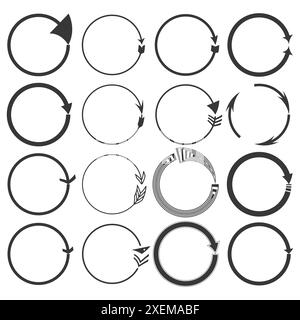 Icone con freccia circolare. Simboli ciclo e ciclo. Vettore bianco e nero. Progettazione di movimenti ripetitivi. Illustrazione Vettoriale