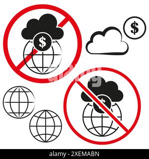 Nessuna icona del denaro nel cloud. Segnali di divieto rossi. Simboli finanziari globali. Serie di illustrazioni vettoriali. Illustrazione Vettoriale