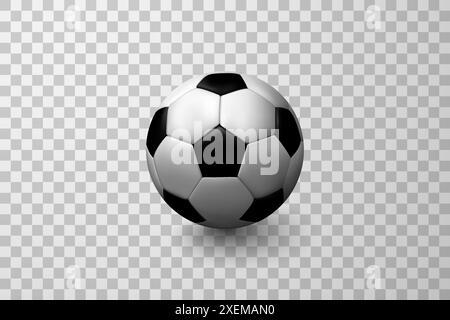 Pallone da calcio Vector isolato su sfondo trasparente. Illustrazione realistica della palla da calcio in bianco e nero. Attrezzature sportive Illustrazione Vettoriale
