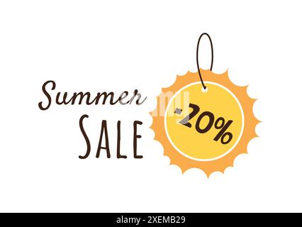 Sconti estivi. Adesivo con una foto del sole e uno sconto. Immagine vettoriale luminosa per adesivi, banner, pubblicità, coupon Illustrazione Vettoriale