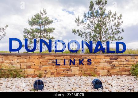 Cartello d'ingresso al Dundonald Links Golf Club, Irvine, North Ayrshire, Scozia, Regno Unito Foto Stock