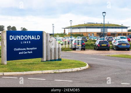 Cartello d'ingresso al Dundonald Links Golf Club, Irvine, North Ayrshire, Scozia, Regno Unito Foto Stock