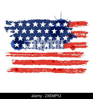 Bandiera americana d'acquerello vintage. Illustrazione vettoriale disegnata a mano per biglietto d'auguri, stampa, striscione, poster del 4 luglio. USA Independence Day Patriotic Illustrazione Vettoriale