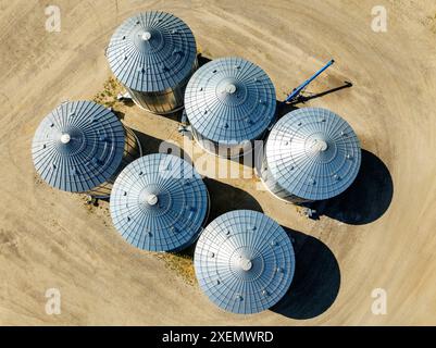 Vista aerea dall'alto dei grandi contenitori di grano metallico sui terreni agricoli a nord di Calgary, Alberta; Alberta, Canada Foto Stock