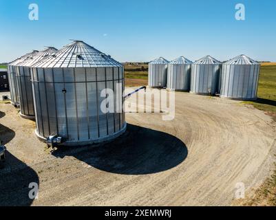 Vista aerea di grandi contenitori di grano metallico sui terreni agricoli a nord di Calgary, Alberta; Alberta, Canada Foto Stock