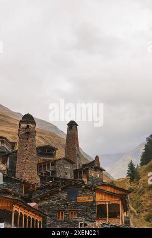 Tradizionali torri in pietra e case in pietra e legno nello storico villaggio di Dartlo Foto Stock