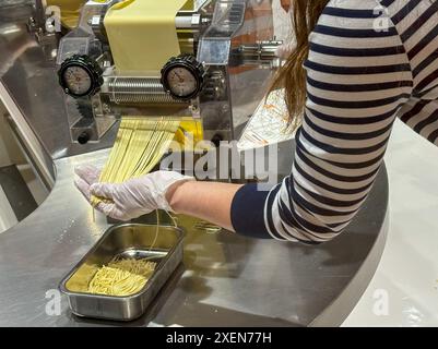 Un visitatore ha visto arrotolare l'impasto dei tagliatelle durante il processo di produzione dei tagliatelle istantanei al CupNoodles Museum. Il museo è dedicato alla storia degli spaghetti istantanei e alla storia di Nissin Foods, fondata da Momofuku Ando, l'inventore degli spaghetti istantanei e dei CupNoodles. Il museo ha due sedi, una a Osaka e l'altra a Yokohama, in Giappone. Foto Stock