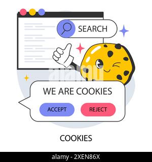 Tecnologia dei cookie. Monitoraggio della sessione del browser Web. Accesso al computer dell'utente e alle informazioni riservate. Miglioramento dell'identificazione del dispositivo e dell'esperienza di navigazione sul Web. Illustrazione vettoriale piatta Illustrazione Vettoriale