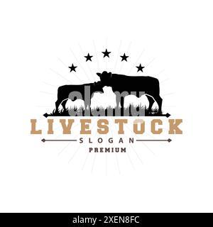 Logo Livestock, design da giardino Fram, badge Vector con logo mucca modello per etichette vintage Longhorn Bull Cattle Illustrazione Vettoriale