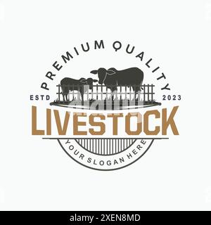 Logo Livestock, design da giardino Fram, badge Vector con logo mucca modello per etichette vintage Longhorn Bull Cattle Illustrazione Vettoriale