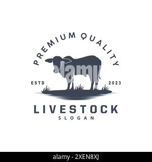 Logo Livestock, design da giardino Fram, badge Vector con logo mucca modello per etichette vintage Longhorn Bull Cattle Illustrazione Vettoriale