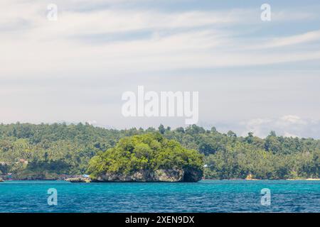 Vegetazione lussureggiante e acque turchesi dell'oceano nel Parco Nazionale di Kepulauan Togean, Indonesia; Wakai, Sulawesi centrale, Indonesia Foto Stock