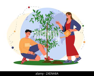 Persone che piantano alberi. Uomo e donna sullo sfondo del pianeta. Attivisti e volontari dell'ecologia si occupano di ecologia e ambiente. Vettore piatto cartoni animati Illustrazione Vettoriale