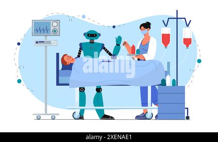 Robot in operazione chirurgica. Cyborg aiuta il medico ad operare sul paziente. Intelligenza artificiale e apprendimento automatico. Medicina e cura, assistenza sanitaria Illustrazione Vettoriale