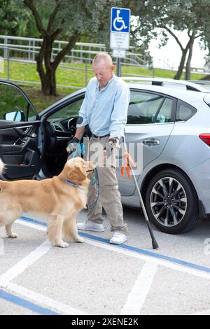 Un uomo paraplegico con stampelle all'avambraccio porta il suo cane di servizio a recuperare le chiavi del veicolo in un parcheggio Foto Stock