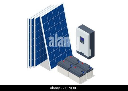 Centrale elettrica individuale Isometrica, pannello fotovoltaico e batteria, densità di energia, pannelli monocristallini, energia solare, pannelli fotovoltaici, impianto FV Illustrazione Vettoriale