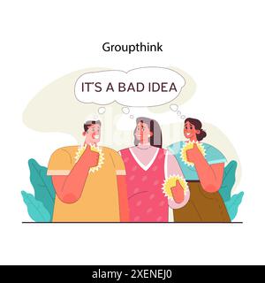 Concetto di pressione tra pari. Tre individui sostengono un'idea discutibile, mostrando le insidie del pensiero di gruppo e dell'influenza tra pari. Paura del giudizio e delle idee di compromesso. Illustrazione vettoriale piatta Illustrazione Vettoriale