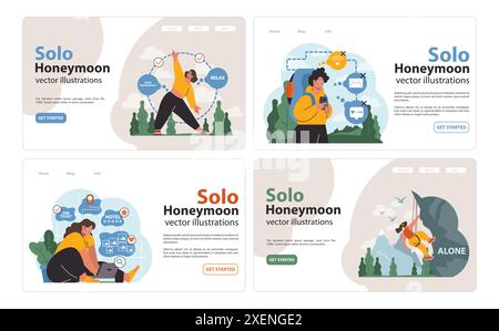 Viaggio in solitario, banner Web per luna di miele o set di landing page. Personaggio femminile che viaggia da sola. Donna relax all'aperto, attività di vacanza. Stile di vita avventuroso. Illustrazione vettoriale piatta Illustrazione Vettoriale